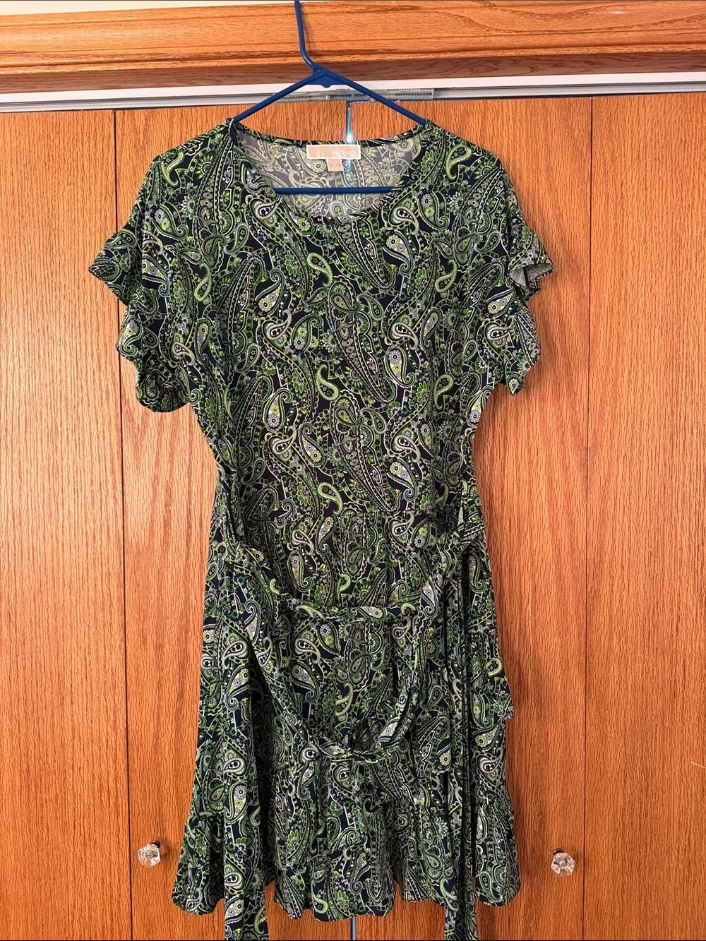 Michael Kors Green Paisley Short Sleeve Tie-Waist Dress